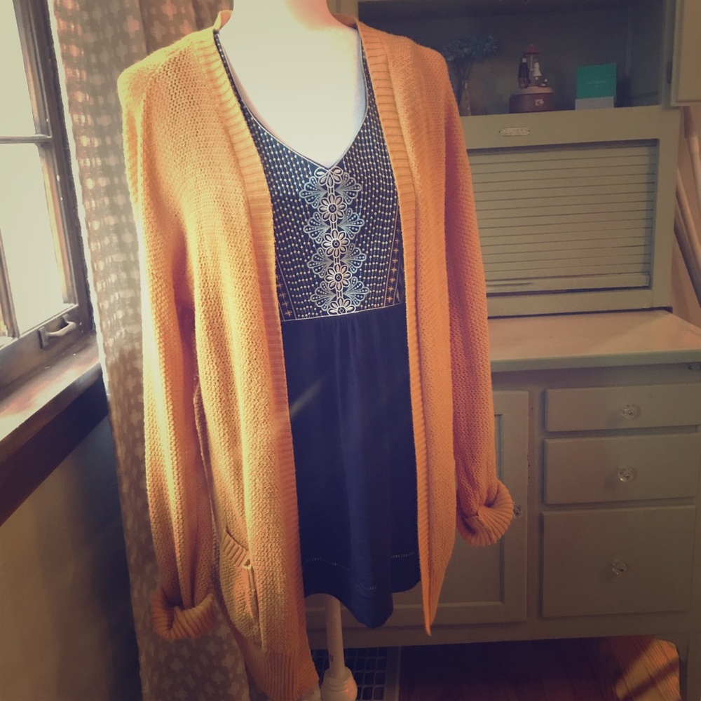 Casual outfit mustard sweater and navy tank outfit
